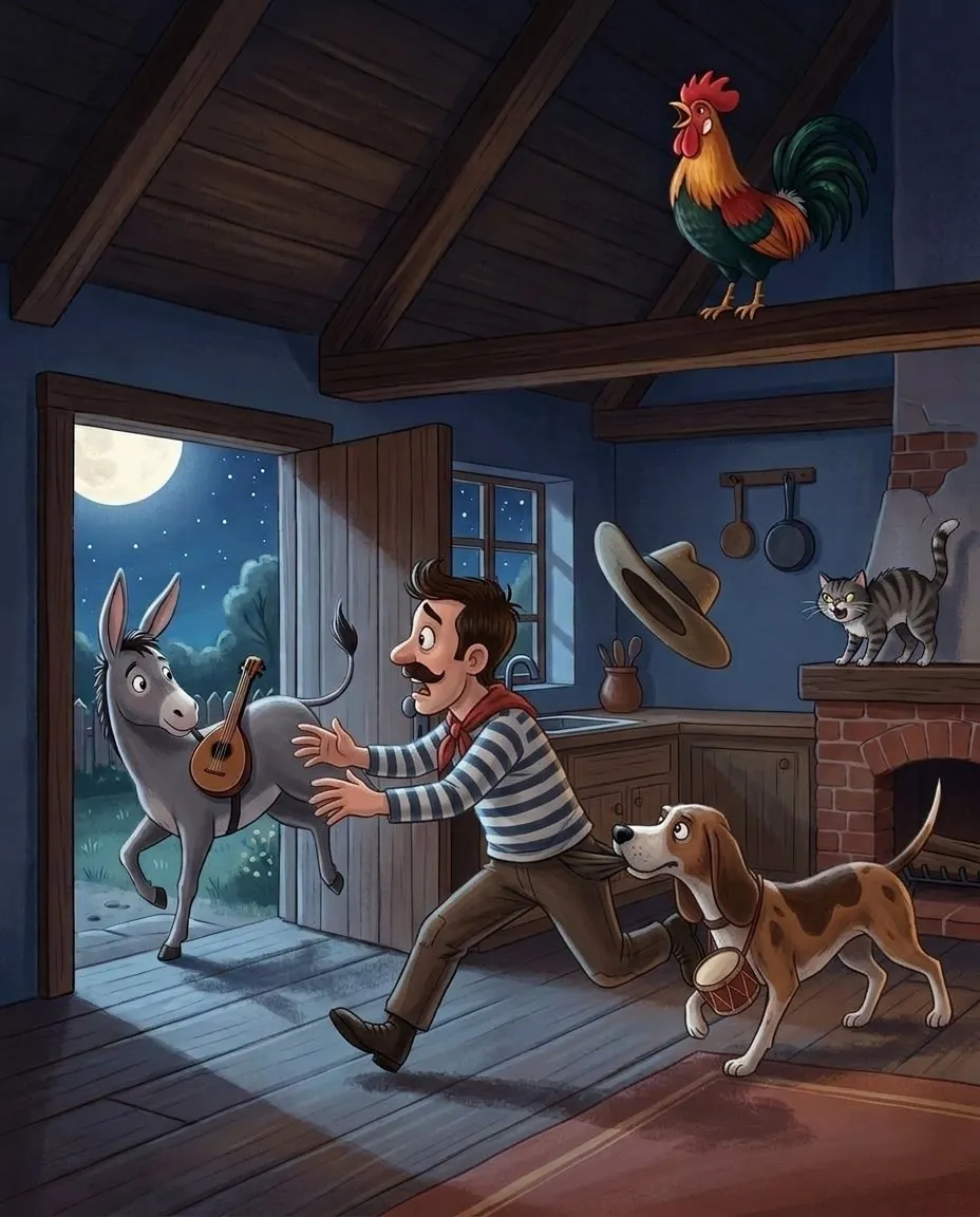 Ein erschrockener Räuber flieht aus der dunklen Küche, die Katze faucht ihn an, der Hund bellt und der Esel tritt nach ihm