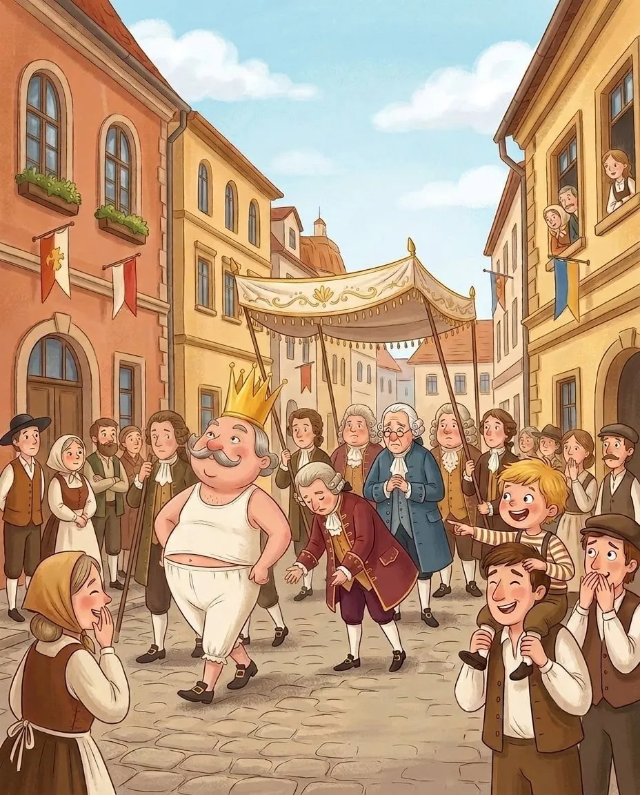 Ein kleines Kind auf den Schultern seines Vaters zeigt auf den Kaiser im Festzug, und die Leute schauen sich erstaunt um