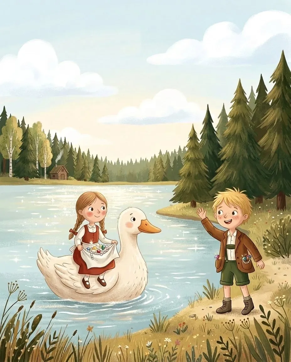 Eine weiße Ente trägt Gretel über das große Wasser, Hänsel winkt ihr vom Ufer aus zu