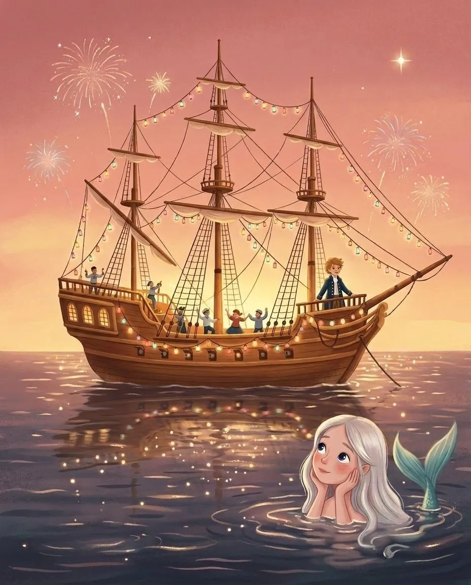 Die kleine Meerjungfrau schaut aus dem Wasser auf ein Schiff mit bunten Lampions und Feuerwerk am Himmel