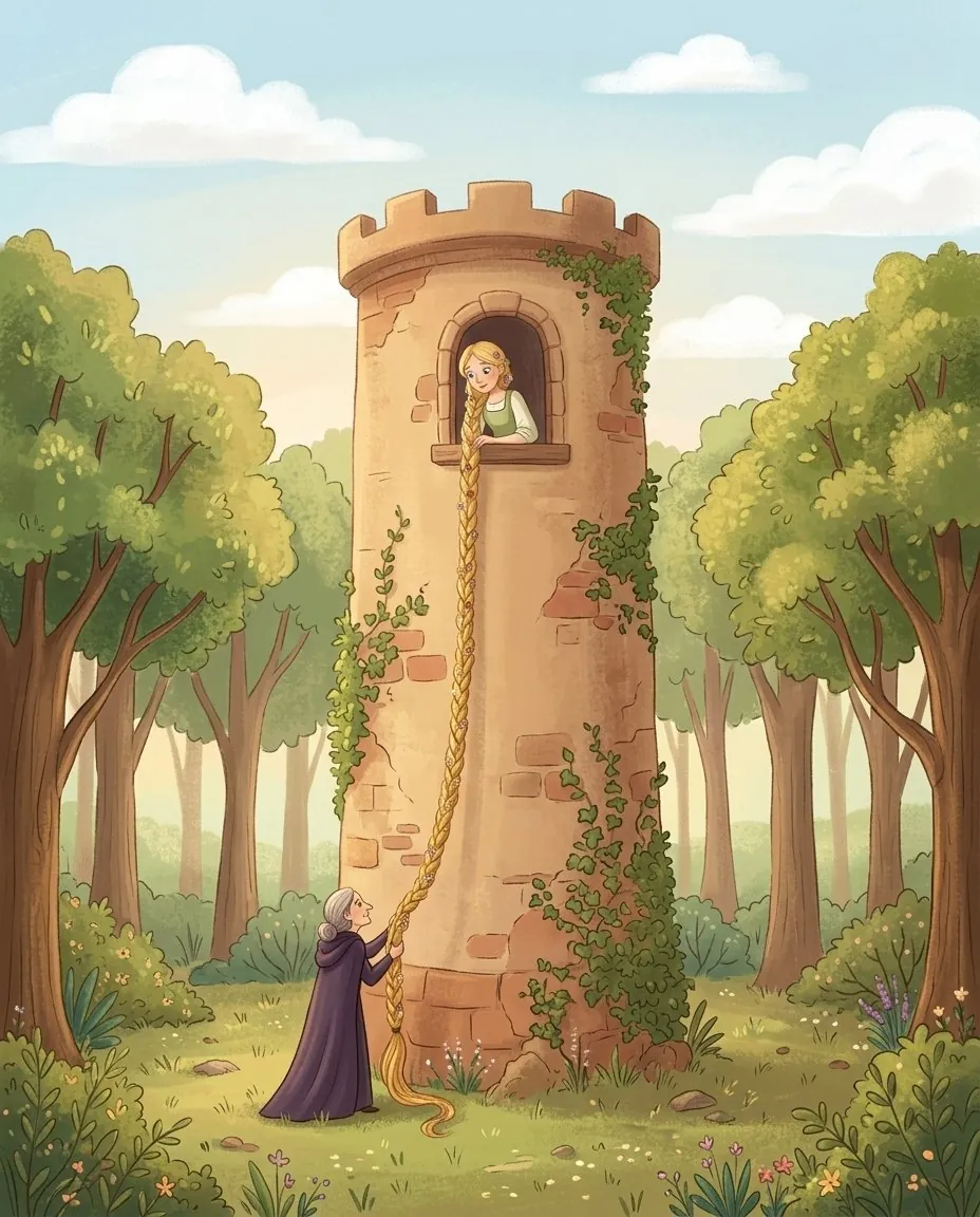 Rapunzel lässt ihre langen goldenen Zöpfe aus dem Fensterchen eines hohen Turms herab, unten steht die Zauberin