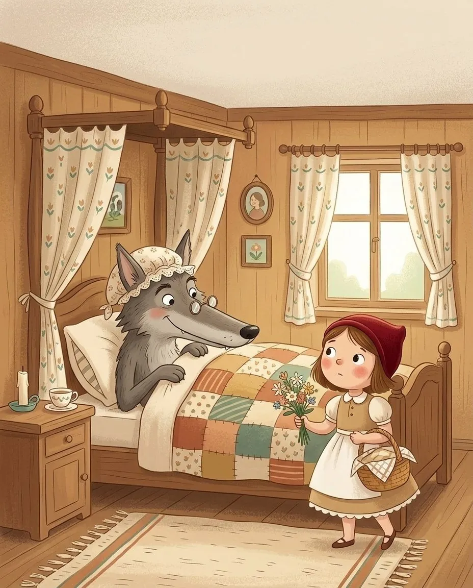 Der Wolf liegt mit der Haube der Großmutter im Bett, das Mädchen schaut ihn verwundert an