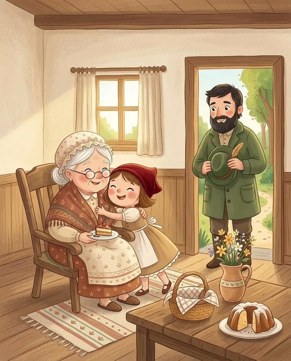 Die Großmutter, Rotkäppchen und der Jäger sitzen fröhlich mit dem Kuchen am Tisch
