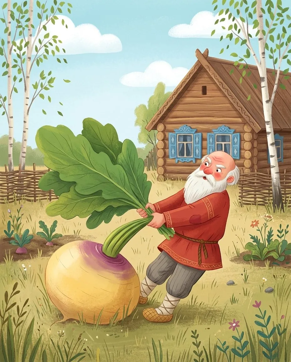 Der Großvater zieht im Garten mit beiden Händen an den Blättern einer riesigen Rübe