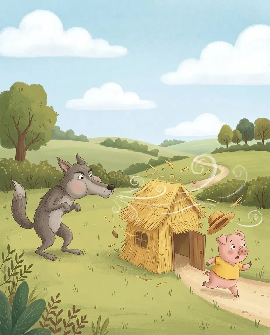 Der Wolf pustet mit dicken Backen gegen das Strohhaus, und das Schweinchen flitzt durch die Hintertür davon