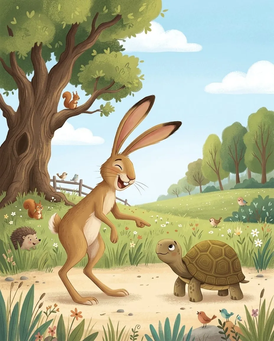 Ein stolzer Hase lacht auf einer blühenden Wiese über die langsame Schildkröte